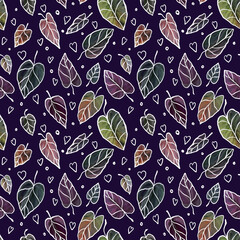 Seamless floral pattern, multi-colored distyas with a white outline on a dark background.