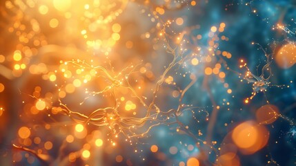 A stunning abstract image featuring swirling golden and blue particles, creating a captivating interplay of light and color. The glowing orbs and intricate patterns evoke a sense of cosmic wonder and 