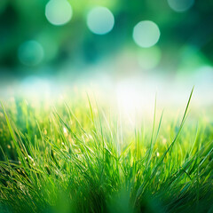 Obraz premium Closeup view vibrant green grass illuminated by sunlight, serene nature scene. Beautiful lush plants
