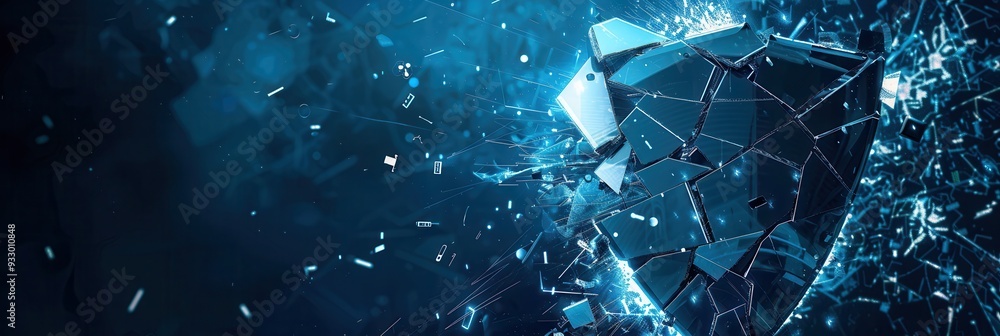 Fototapete A hacker breaches a digital shield, sending shards flying in a dramatic display, showcasing the vulnerabilities of modern cybersecurity. Generative AI