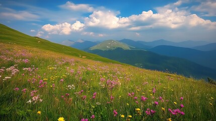 Fototapeta premium A vibrant summer scene in the Carpathian Mountains of Ukraine, Europe. 