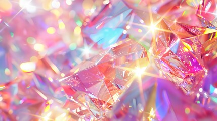A dazzling close-up of sparkling crystals reflecting a spectrum of colors, creating a magical interplay of light and brilliance. The vibrant hues and radiant shine evoke a sense of luxury and enchantm