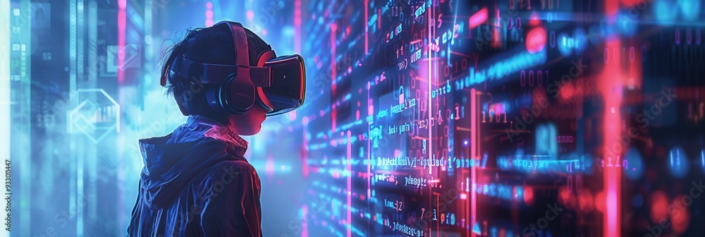 Aufkleber a hacker navigates a vibrant virtual space with digital codes and locks while wearing a vr headset, 