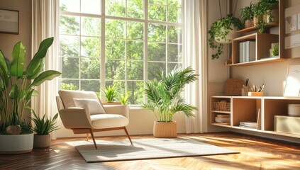 Fototapeta premium Sunny living room with a white armchair and plants.