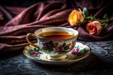 intense dramatic spotlight on a clear consomm&eacute; poured into a delicate hand-painted ceramic cup on a luxurious velvet-draped table setting