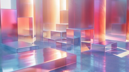 A mesmerizing abstract scene featuring translucent blocks in vibrant pastel colors reflecting light in various directions. The interplay of colors and shapes creates a captivating and dreamlike atmosp