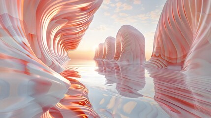 A stunning surreal landscape featuring smooth, flowing formations in pastel colors reflecting on a calm water surface. The soft hues and gentle curves create a dreamlike atmosphere of tranquility and 