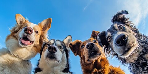 humour photo of cheeky, cute looking pack of dogs all are different breeds taking a selfie, 
