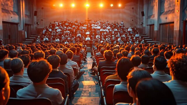 Captivated Audience in Grand Theater: A vast audience engrossed in a performance, illuminated by warm stage lights in a grand, vintage theater. 