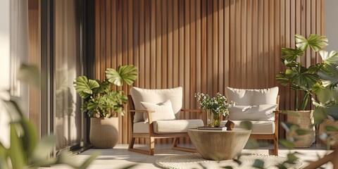 cozy small terrace with Furniture and elegant cushions on the chairs, 