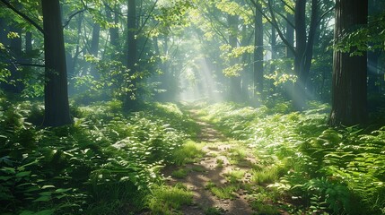 Obraz premium Forest path with sunlight filtering through trees, peaceful natural scene