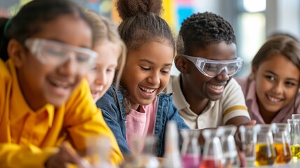 Happy smiling multicultural elementary school students are conducting a science experiment with colorful liquids in beakers. They are enjoying chemistry lesson in the classroom