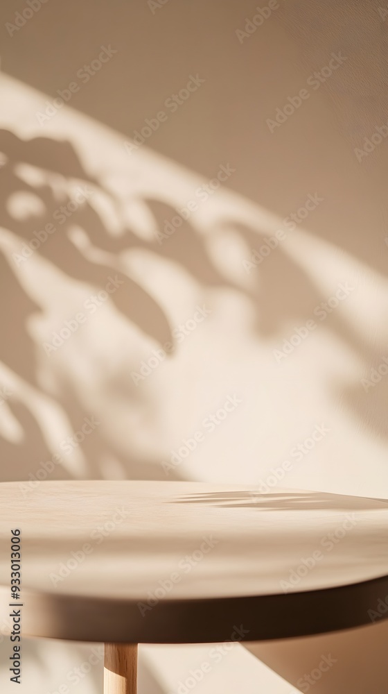 Poster a close-up of the edge of an empty table with a beige background, the minimalist design is suitable 