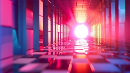 A mesmerizing futuristic corridor illuminated by vibrant pink and blue lights creating a stunning visual pathway that draws the viewer's eye toward a bright glowing exit at the end of the tunnel.