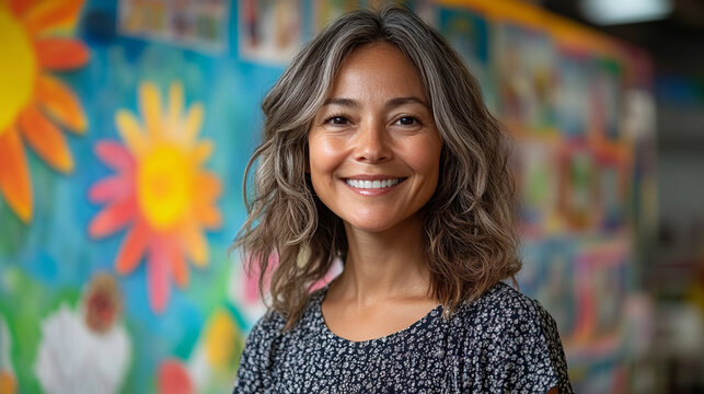 A portrait of a teacher preparing a creative bulletin