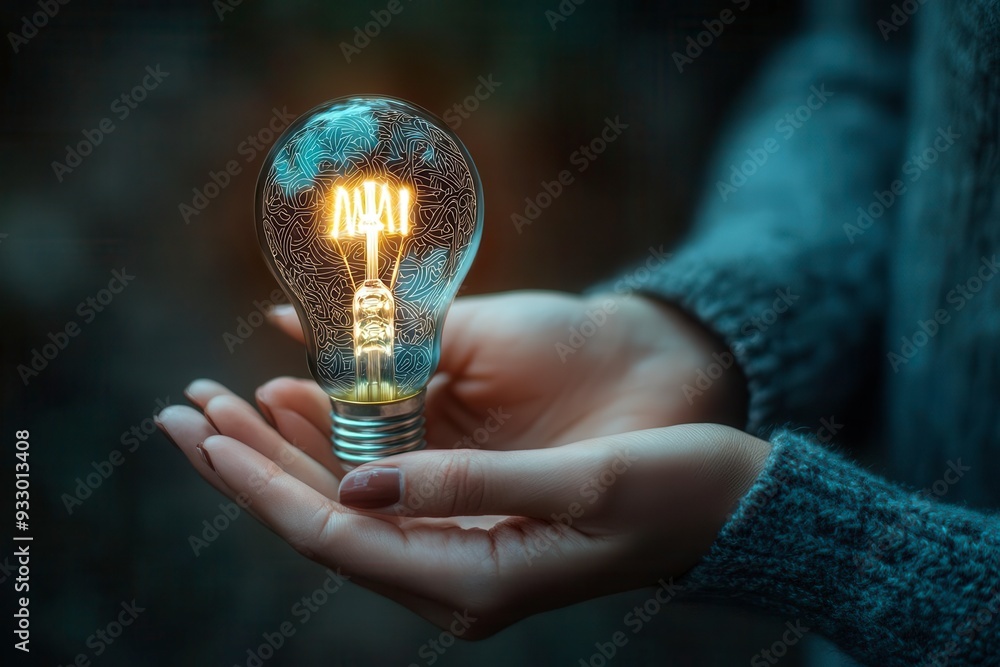 Poster palm hands holding a light bulb with intricate patterns inside, representing a complex concept, side