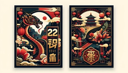 Chinese new year of the snake 2025 poster design template set