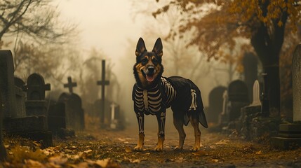 Ghostly German Shepherd Skeleton Standing in Misty Graveyard  A German Shepherd dog in a skeleton costume silhouetted against a spooky foggy graveyard scene with a dark moody atmosphere