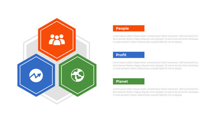 3p sustainability infographics template diagram with hexagon triangle shape container with 3 point step design for slide presentation