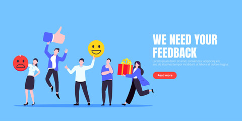 Employee feedback work satisfaction survey business concept flat vector illustration. Employee or customer feedback rating opinion with people and social icons - thumb, smile emoji, stars and heart.