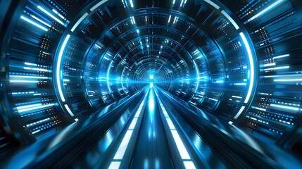 An immersive and futuristic tunnel with glowing blue lights and sleek metallic walls creating a sense of speed and movement, inviting viewers to imagine traveling through a high-tech environment.