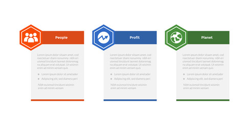 3p sustainability infographics template diagram with hexagon table box header with 3 point step design for slide presentation
