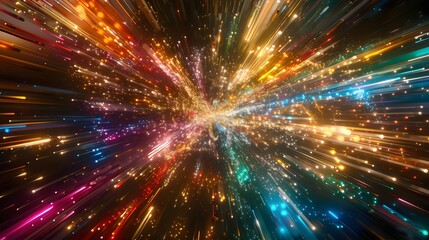 A vibrant and dynamic explosion of colorful light particles radiating outward in a mesmerizing display