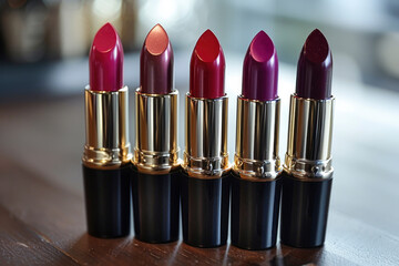 Five lipsticks in gold and black tubes arranged on a wooden surface, showcasing various shades from purple to pink, creating a striking color gradient.