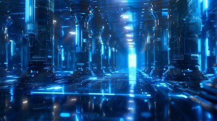 A stunning futuristic corridor filled with glowing blue pillars and intricate digital patterns, creating a high-tech atmosphere that invites exploration and ignites the imagination of a sci-fi inspire