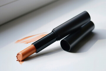 A partially applied lipstick lies on a plain white surface, showcasing its rich color and smooth texture.