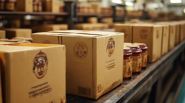 The Jars of tea and cardboard boxes arranged for distribution and storage.