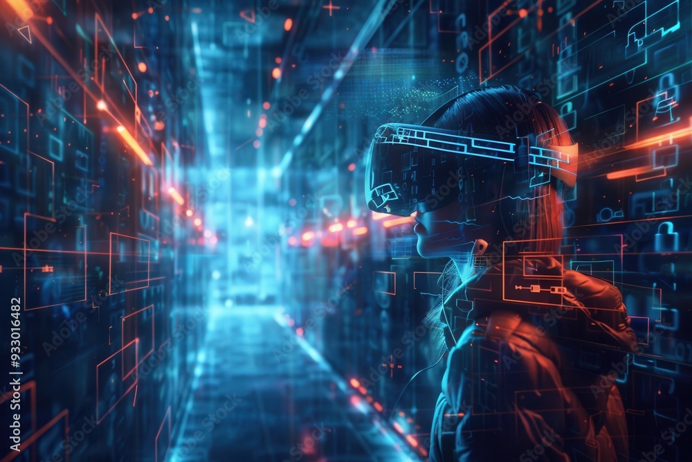 Poster a hacker explores a virtual realm filled with digital locks and codes while using a vr headset, imme