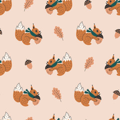 Squirrel and Acorn Fall Seamless Pattern. Cozy Autumn Background with hand drawn forest animal in scarf. Repeat vector illustration for kids.