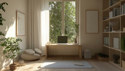 Fototapeta premium Minimalist home office with a bookshelf and plants.
