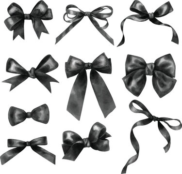 Vector Set of  bows black color. Watercolor hand drawn illustration isolated on a white background
