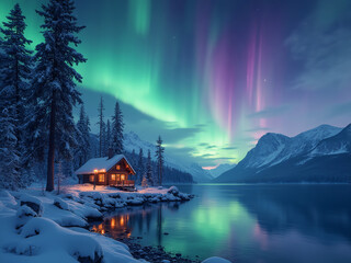 Fototapeta premium A house with northern lights on it natural environment.
