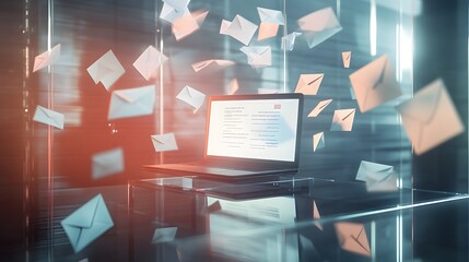 A 3D render of a laptop on a minimalist glass desk, envelopes and letters soaring out of the screen in a dynamic arc, bright, diffused lighting with soft highlights, realistic textures with emphasis