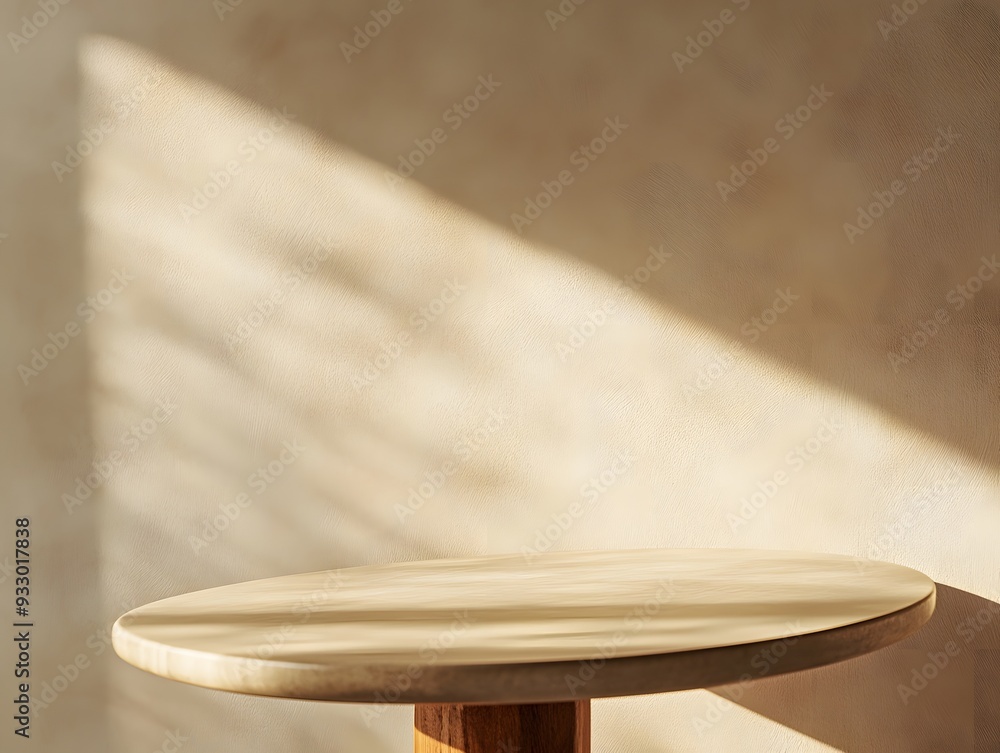 Poster a close-up of the edge of an empty table with a beige background, the minimalist design is suitable 