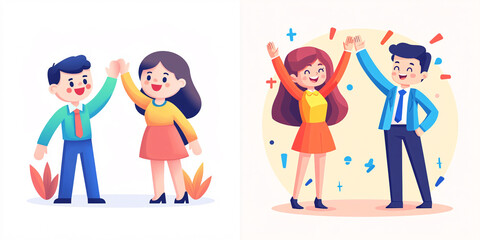 Celebrating Friendship: Colorful Cartoon Characters High-Fiving in Joyful Moments