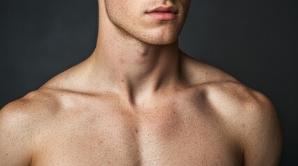 Close-up of a young male model showcasing strong shoulders and smooth skin against a dark backdrop.