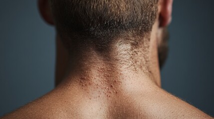 Obraz premium Close-up of the nape of a man's neck, highlighting skin texture and hair pattern in a soft light setting.