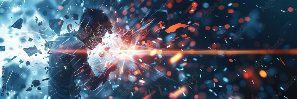 Poster a hacker breaks through a digital shield, causing fragments to scatter, illustrating the challenges 