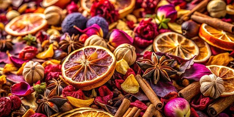 Delicate petals unfurl like tiny jewels, amidst a tapestry of spices and dried fruits, exuding an intoxicating aroma that whisks me away to sun-kissed gardens.