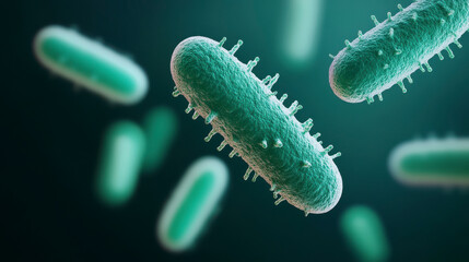 Fototapeta premium Close-up view of green bacteria with detailed texture, showcasing their unique shapes and structures in a scientific context.