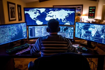 Hacker working on computers with digital world map overlay in a striking photography shot