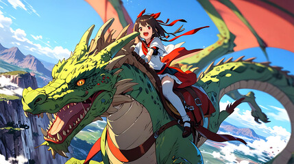 Close up shot of girl riding a dragon in a fantasy world