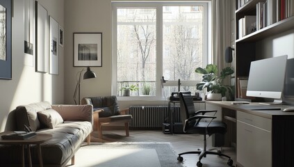 Modern living room with a desk, couch, and large window.