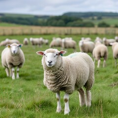Fototapeta premium Idyllic Scene of RFID-tagged Sheep Grazing in Vast Meadow under Clear Skies