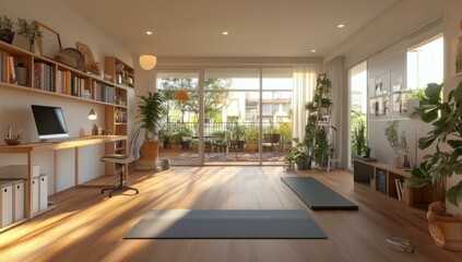 Modern home office with balcony view and yoga mats.