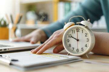 Mastering Time: Hand adjusting analog clock in serene home office setting with planner and to-do list, emphasizing effective time management and productivity.